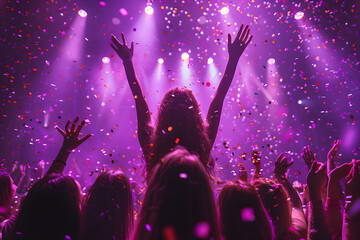 Women Dancing with Confetti at Concert, To convey a sense of energy, excitement and celebration in a concert or party setting