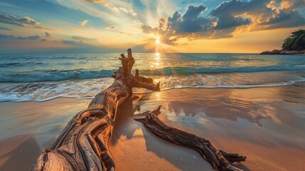 Panoramic beach at evening sunset with dry trunk tree on sand against sea water. Generated AI image