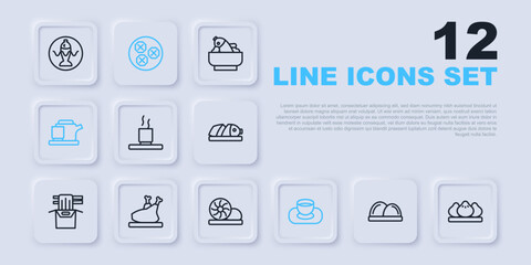 Set line Sushi, Dumpling, Cup of tea, Soy sauce bowl, Traditional ceremony, Roasted turkey or chicken, Wonton and Xiao long bao icon. Vector
