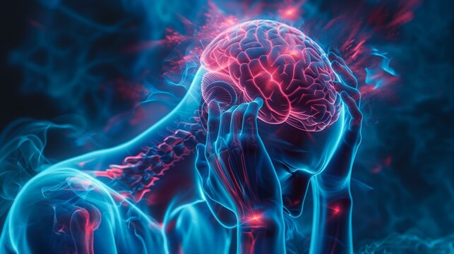 Tension headache pain, man with brain tumor, human bone human spine glowing technology biomedical illustration
