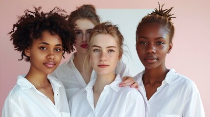 Obraz premium Multiracial women in shirts in studio, group of young women in white shirts, businesswoman lifestyle business person teamwork confidence