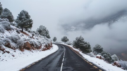Beautiful landscape road with snowy mountain at winter season. Generated AI image
