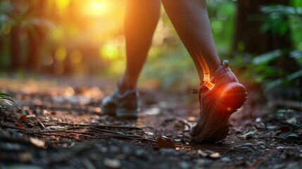 Leg joint pain, person walking on trail with their foot on trail, shoe sunlight lifestyle footpath muscular build