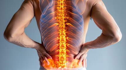 Lower back pain, man with back pain, muscular build illness biomedical illustration biology joint