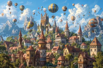 Obraz premium Fantasy Village with Hot Air Balloons and Castles