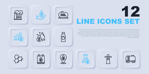 Set line Oil rig, railway cistern, drop with dollar symbol, petrol test tube, Pie chart and, and icon. Vector
