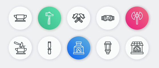 Set line Blacksmith oven, Medieval poleaxe, Anvil and hammer, Garden light lamp, Welding glasses, Crossed, and Rasp metal file icon. Vector