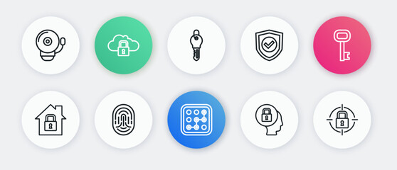 Set line Graphic password protection, Old key, House under, Lock, Shield with check mark, Key, and Fingerprint icon. Vector