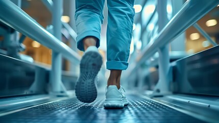 Patient walking with parallel bars, determined steps, close up, journey of rehabilitation, supportive atmosphere 