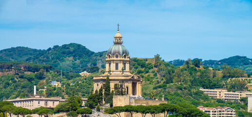 Tempio di Cristo Re church hight on a hill in Messina, Sicily, Italy. In addition to grand...