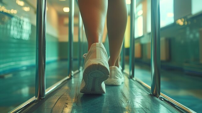 Patient walking with parallel bars, determined steps, close up, journey of rehabilitation, supportive atmosphere