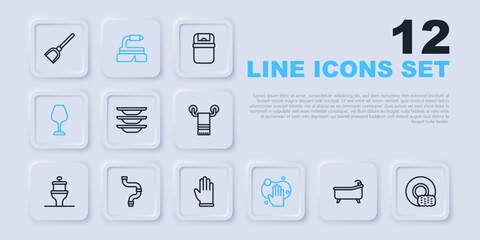 Set line Bathtub, Washing dishes, Sponge, Wine glass, Industry metallic pipe, Brush for cleaning and Rubber gloves icon. Vector