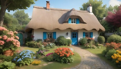 Fototapeta na wymiar Charming Quaint Cottage With A Thatched Roof And 2