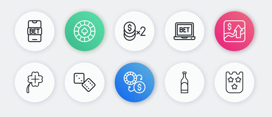 Set line Casino chips exchange, Financial growth increase, slot machine with clover, Bottle of wine, Online sports betting, dollar, Lottery ticket and Game dice icon. Vector