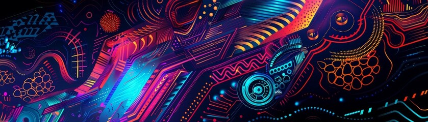 Vibrant Neon Tribal Patterns in Abstract Digital Art