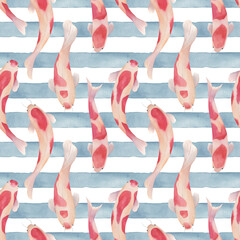 Watercolor seamless pattern with koi fish. Hand drawn illustration on striped background