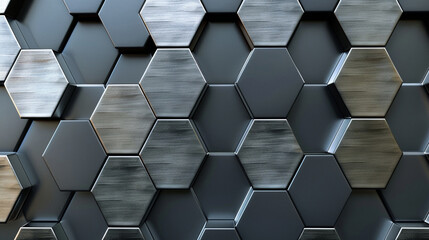 Sleek tech hexagons in black with metallic silver highlights.