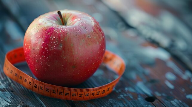 Measuring tape around an apple, fitness goals, close up, weight management symbol, soft focus 