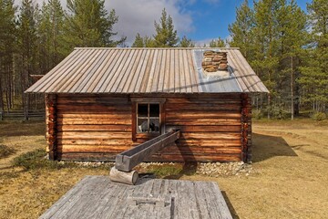 Cow shed at Raja-Jooseppi homestead  located on the banks of Luttojoki river in spring, Lapland,...