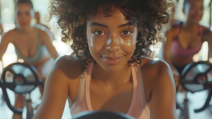 Motivational photo of person participating in a group fitness class, enthusiastic instructors leading the gym workout