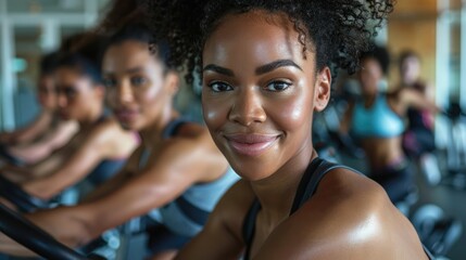 Motivational photo of person participating in a group fitness class, enthusiastic instructors leading the gym workout