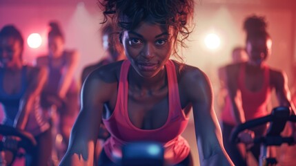 Motivational photo of person participating in a group fitness class, enthusiastic instructors leading the gym workout