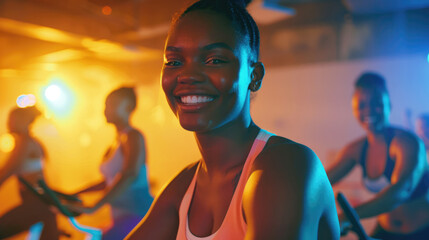 Motivational photo of person participating in a group fitness class, enthusiastic instructors leading the gym workout