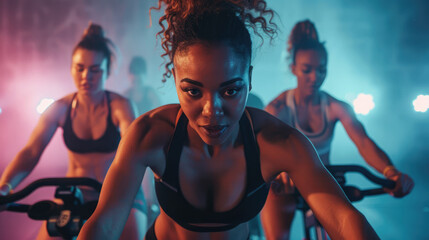 Motivational photo of person participating in a group fitness class, enthusiastic instructors leading the gym workout