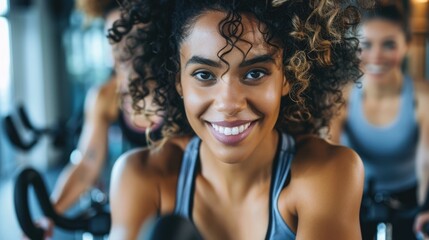 Motivational photo of person participating in a group fitness class, enthusiastic instructors leading the gym workout