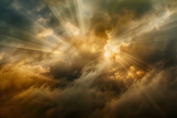 Sunbeams piercing through thick clouds create a celestial spectacle in the sky