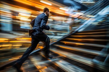 A businessman in a suit running down a flight of stairs with motion blur, showcasing his dynamic movement