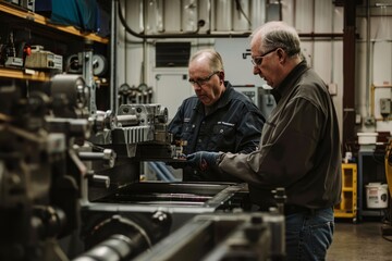 Two men are carefully inspecting finished metal components produced by a CNC machine in a factory, ensuring quality control