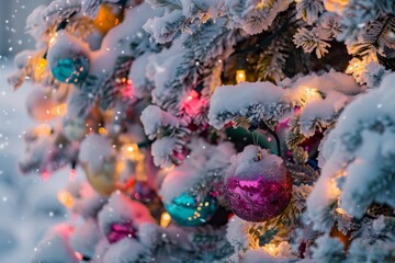 A closeup of a snow-covered Christmas tree adorned with colorful ornaments and twinkling lights, evoking a festive atmosphere