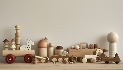collection of classic wooden toys, their timeless charm and craftsmanship showcased against a neutral background, evoking nostalgia and simplicity