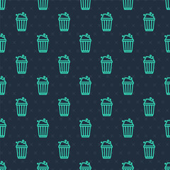 Green line Popcorn in cardboard box icon isolated seamless pattern on blue background. Popcorn bucket box. Vector