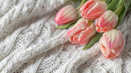 Top view bunch tulips flower on white knitting background. Generated AI image