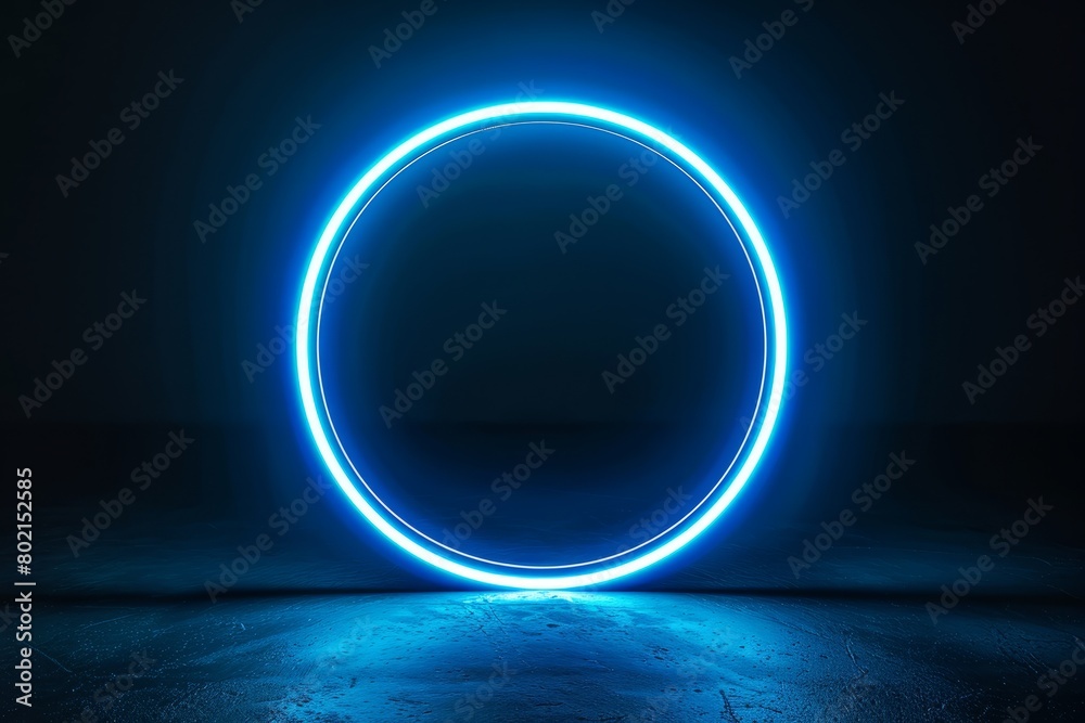 Wall mural a closeup of a vibrant neon blue circle shining brightly against a dark backdrop, creating a futuris