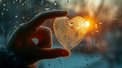 Hand drawing heart on fogged glass, symbol of hope, close up, warmth in recovery, soft backlight 