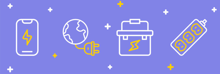 Set line Electric extension, Toolbox electrician, Global energy planet with plug and Mobile phone icon. Vector