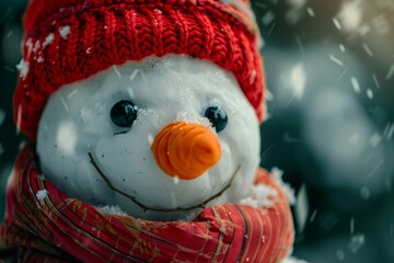 A closeup of a snowman adorned with a vivid red hat and scarf, showcasing the charming winter decoration