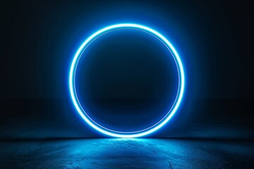 A closeup of a vibrant neon blue circle shining brightly against a dark backdrop, creating a futuristic and captivating visual