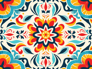 Vibrant Mexican National Ornament Background with Traditional Patterns, Colorful Folk Art Pattern with Floral and Geometric Motifs, AI Generation