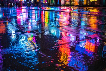 A bustling city street at night, illuminated by colorful neon lights reflecting off the rain-soaked pavement