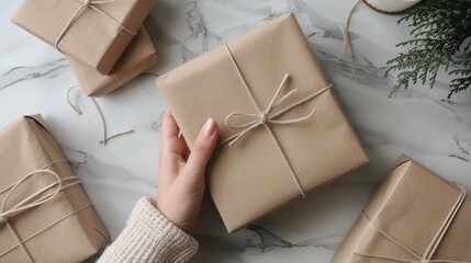Top view woman hand holding handmade wrapped gift boxes on gray table background. Generated AI