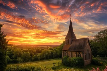 A church steeple stands tall in a field as the sun sets in the background, creating a dramatic silhouette against the colorful sky