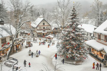 A commercial high-angle view of a snow-covered town square featuring a beautifully decorated Christmas tree as the centerpiece