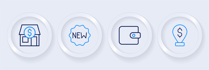 Set line Cash location pin, Wallet, Price tag with New and Market store icon. Vector