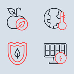 Set line Earth melting to global warming, Shield with leaf, Solar energy panel and Apple icon. Vector