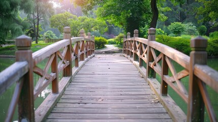 Wooden pedestrian bridge over a serene pond in a Japanese garden, embodying tranquility and Zen aesthetics.