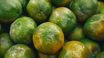 A vibrant display of ripe green sweet oranges, known for their juicy flesh and refreshing taste